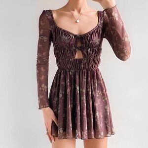 NWT Urban Outfitters UO Brown Bow Cutout Emily Floral Romper Mini Ruffle Hem